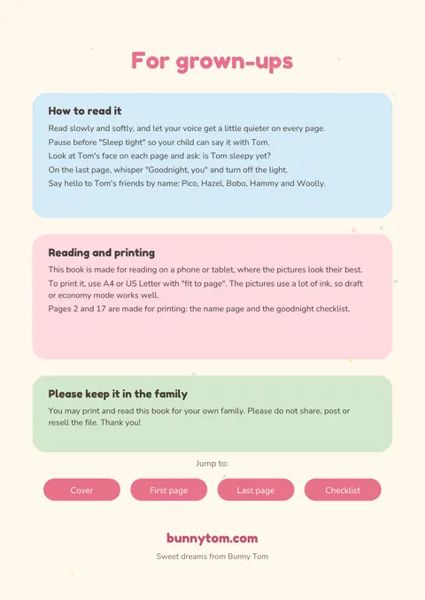 Page for grown-ups with reading and printing tips