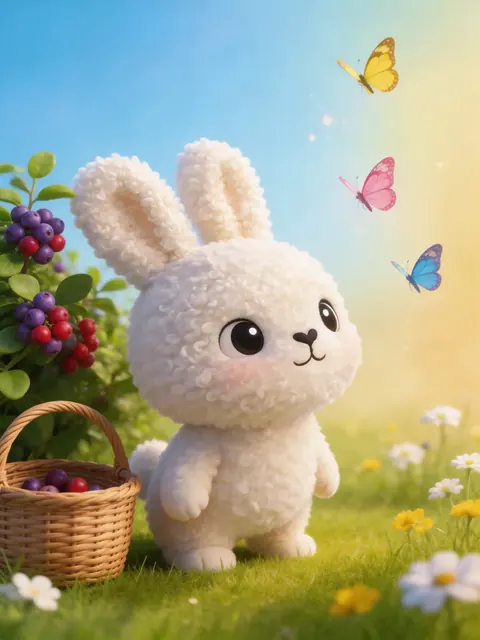 Bunny Tom, a soft white plush bunny, with butterflies and a basket of berries