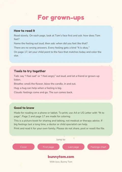 Page for grown-ups with reading and printing tips