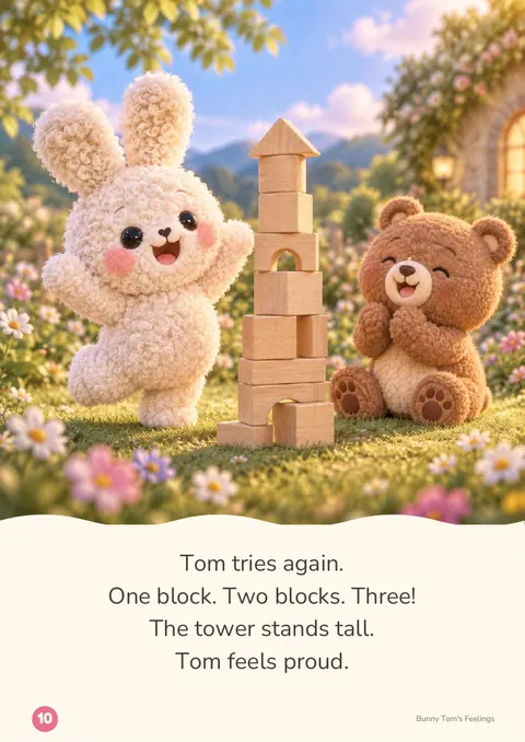 Story page: Tom feels proud of his tall tower
